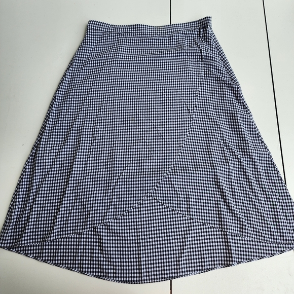 LOFT Women's Skirt Faux Wrap Gingham Black White Midi Lined Hi Low Hem Size 8 - Picture 1 of 10